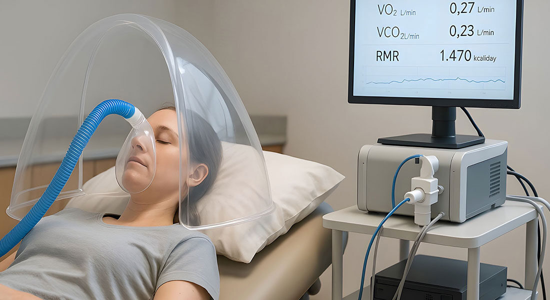 Γυναίκα σε μεταβολική δοκιμασία με διαφανή θόλο οξυγόνου και μετρά τη βασική μεταβολική δαπάνη ενέργειας και την κατανάλωση οξυγόνου.