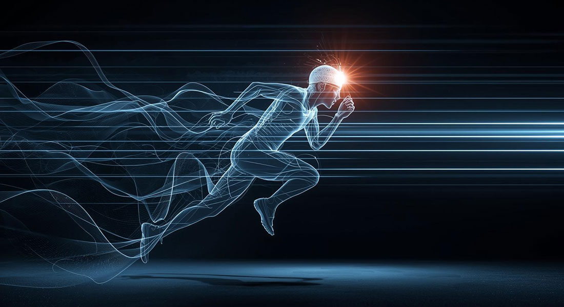 Ψηφιακή απεικόνιση δρομέα σε κίνηση με φωτεινό εγκέφαλο που συμβολίζει την αθλητική ψυχολογία και τη νοητική απόδοση.