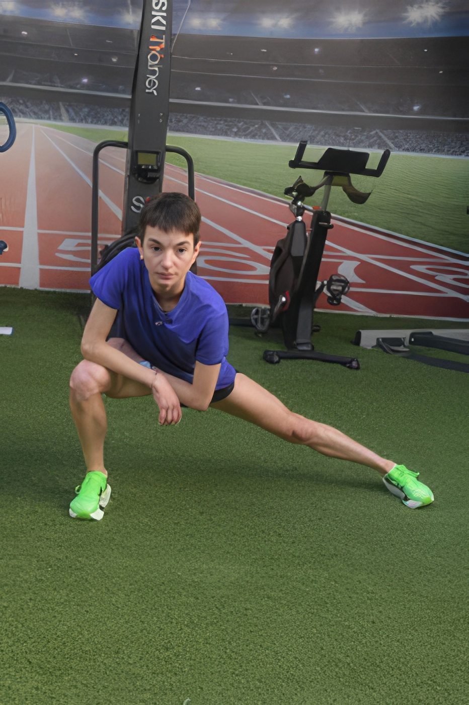 Η αθλήτρια βρίσκεται σε ύπτια θέση σε γαλάζιο στρώμα άσκησης με τα πόδια ασφαλισμένα στη συσκευή και εκτελεί ισομετρική άσκηση οπίσθιων μηριαίων.